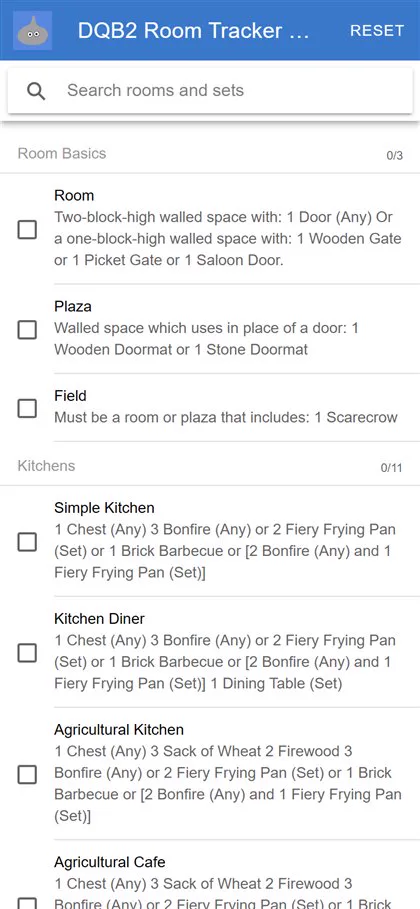 DQB2 Guide app showing the Builderpedia room tracker checklist